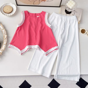 เสื้อยืดเสื้อท่อนบนลายลูกไม้อัดพลีทสำหรับเด็กแนวแบร์ลีดเดอร์มาชุดเสื้อผ้าเด็กผู้หญิงทารกสีชมพูชุด2ชิ้นสำหรับกางเกงขาบานชุดสำหรับเด็กผู้หญิงอายุ3ถึง7ปี