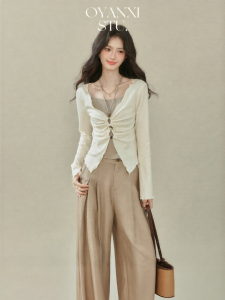OUYANGXI | Áo Thun Dài Tay Cho Nữ V-Neck Giả Hai Mảnh Với Cổ Ruffle