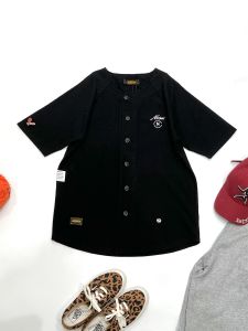 Black American Retro round Neck Short Sleeve Button Cardigan Style Pure Cotton Baseball Shirt Loose Sports Outerwear T-shirt