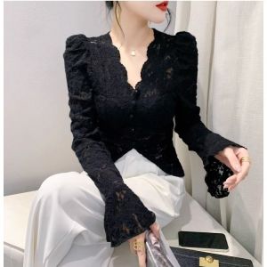 เสื้อเชิ้ตคอวีบุขนแกะลูกไม้แฟชั่นฤดูใบไม้ร่วง/ฤดูหนาวสำหรับผู้หญิง เสื้อเชิ้ตแขนยาวทรงพอง เสื้อชั้นใน เสื้อผ้าทำงาน