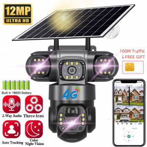 Solar 4G Camera With Sim Card 12MP 6K Three Lens Three Screen Monitor Night Vision Security Protection PTZ Video Surveillance