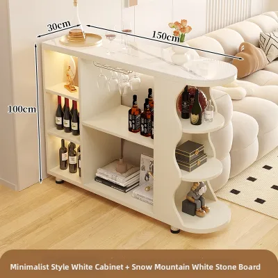 Cream Style Solid Wood Stone Bar Table with Wine Cabinet and Partition Function for Small Households