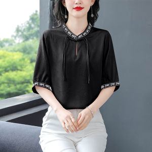 Acetate Chinese Style Tops Womens Short-Sleeve Shirt Ladieswear Summer New Arrival Retro Chinese Style Embroidery Stand Collar Tangzhuang Shirt
