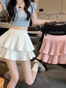 Summer New High Waist A-Line Double Layer Pleated Casual Mini Skirt Womens Pure Color Cake Style Half-length Trendy INS Skirt