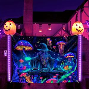 VIKAMA Blacklight UV Reactive Tapestry Wizard DJ Nấm Sứa Neon Ảo Giác Treo Tường Cho Đảng Trang Trí Phòng Ngủ