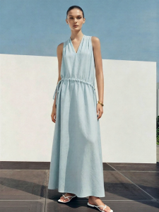 AMII | Resort Style V-neck Drawstring Belted Linen-cotton Dress