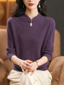Autumn Winter 100 Pure Wool Cashmere Womens New Style Cheongsam Stand Collar Base Shirt Sweater High End Knitted Woolen Top
