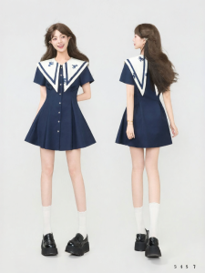 KEIKO | Preppy College Style Embroidery Sailor Collar Single Button Pleated Waist Short Dress