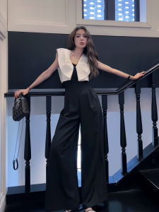 French High Waist Slimming Color Block Romper Womens Summer New Style Small Size Versatile Wide Leg Pants Elegant Fashion
