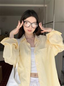 Kumikumi Womens Casual Striped Long Sleeve Shirt Korean Style Loose Fit Mid-Length Button-Up Outerwear for Summer