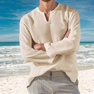 king billion | Mens Cotton Linen Shirt Cozy Solid Color Long Sleeve Breathable Tops V Neck Casual Blouse Hawaiian Shirt Lightweight Shirts