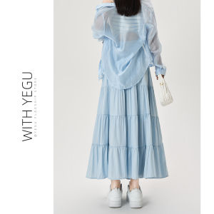Blue A-Line Half Skirt with Butterfly Knot Splicing Pleats Womens Spring Summer Long Skirt Small Stature Elegant Cake Skirt