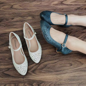Genuine Leather round Toe Mary Jane Womens Shoes Spring Autumn Soft Bottom Hollow out Design Comfortable Low Heel Rubber Sole