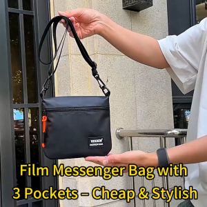 OOKAS Fashion Bag Black Crossbody Bag with Orange Zipper Pull Small Sling Bag for Men Minimalist Waterproof Crossbody Messenger Bag