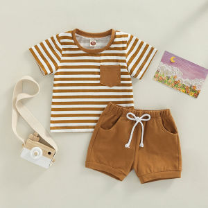 [Local Delivery] Toddler Baby Boys Summer Outfit Short Sleeve Stripes T-shirt with Elastic Waist Shorts