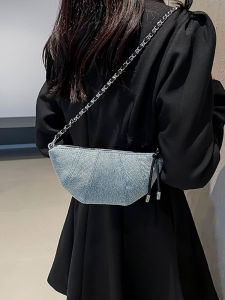 Denim Fabric Cow Horn Shape Womens Crossbody Bag Lazy Style Dumpling Bag Single Shoulder Bag Korean Style Small Size Casual Scene