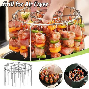 Durable Stainless Steel Air Fryer Grill Round with Grilled Skewers Hanging Skewers Rack Barbecue Grill for Home Kitchen Outdoor