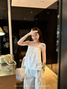 NingSi White 3D Flower Neck Hanging Tube Top Womens Summer Korean Design Slimming Sleeveless Top Loose Fit Outerwear