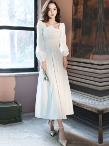 Elegant White Long Sleeve Dress Applicable for Daily Wear Wedding Engagement Birthday Party Fitted A-Line Skirt Style