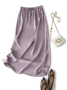 Elegant High Waist A-Line Midi Skirt Womens Summer New Style Slimming Elastic Acetate Satin Half-length Skirt Commute Style