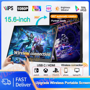 15.6Inch Wireless Portable Monitor 1080P 16:9 360° Rotation For Cell Phone PC Loptop Wired For XBox PS4 / 5 Switch Extension
