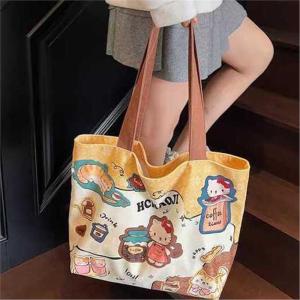Cartoon KT Cat Canvas Tote Bag Womens Large Capacity Handbag Casual Versatile Lightweight Single Shoulder Shopping Bag