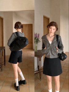 NIHAOKANONG | Chân Váy Xám Cao Eo Kẻ Hở Dành Cho Dáng Người Nhỏ Bé Thiết Kế A-Line
