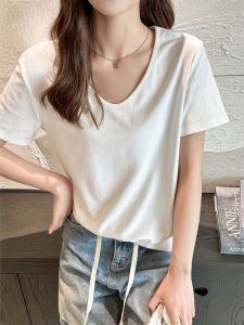 MiiOW | Cat Woman New Loose V-neck Short-sleeved T-shirt Women Summer Large Size High Sensation Breathable Belly Cover Solid Color T-shirt