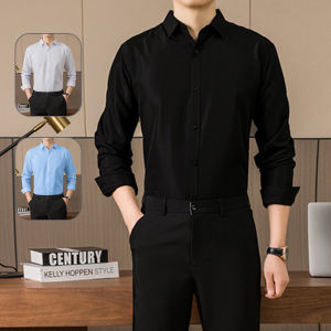 Mens Black Shirt Thin Long Sleeve Workwear Business Formal Fitted Autumn Winter White Button-Up Spring Summer Office Uniform