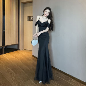 Elegant Black Off-Shoulder Gown French Lady Style Long Evening Dress Model Year End Party Ball Gown Synonymous Words