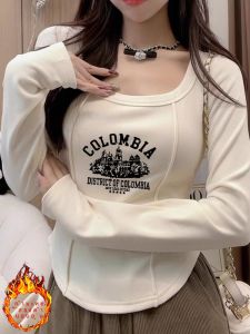 เสื้อยืดคอกว้างแขนยาวผู้หญิงฤดูใบไม้ร่วง/ฤดูหนาวขนแกะสองหน้ารักษาความอบอุ่นเสื้อชั้นในกระดูกปลาสั้นขนาดเล็กเสื้อชั้นในผู้หญิง