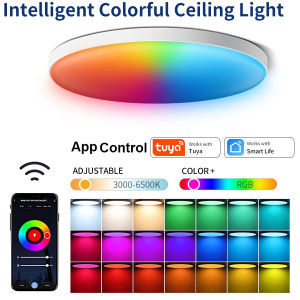 Tuya Smart Ceiling Light 85-265V WiFi or Bluetooth 24W RGB Circular Ambient Lamp Remote APP Control Work with Alexa Google Home