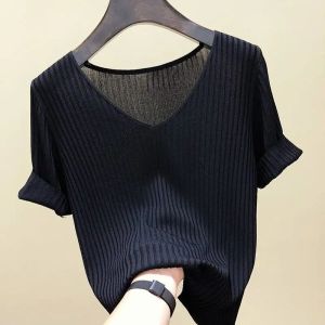 Cool Silk Short Sleeve Thin Korean Style Fitted V-neck Knit Top
