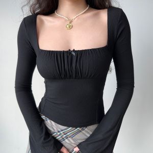 Go Bé Gái Go Slim Fit Long Sleeve Square Neck T-Shirt Womens Street Style Bodycon Top Polyester Viscose Spandex Short Length