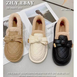 Giày Lười Đế Cao Su Đế Phẳng Nhung Lông Cừu Mùa Đông Cho Nữ Giày Lười Đế Bằng Nhung Lông Cừu Có Dây Thắt Nơ