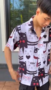 เสื้อเชิ้ตฮาวาย วินเทจ ผ้าไหมอิตาลี ลายแมว F49