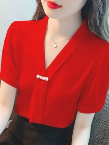 Red Chiffon Short Sleeve Shirt Womens V-neck Summer Fashion Fairy Atmosphere Pocket Handkerchief Casual Style Pure Color