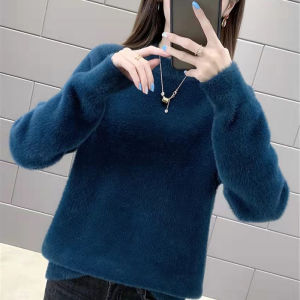 Blue Thickened Soft Mink Sweater Womens Loose Lazy Style Autumn Winter New Knitted Warm Inner Wear Base Shirt Commute Style