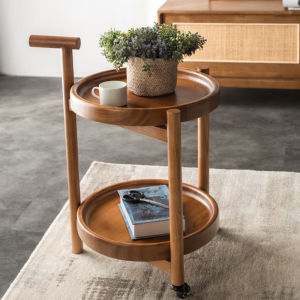Retro Wooden Sofa Side Table Small Tea Table with Wheels Dining Cart Living Room Balcony Home Use White Basswood Small Trolley
