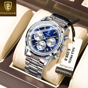 Swiss brand POEDAGAR multifunctional chronograph watch for mens waterproof original new luxury stainless steel calendar luminous wristwatch