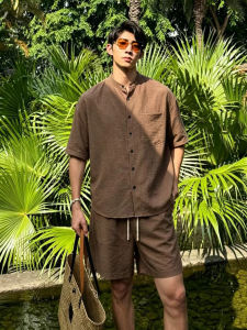 OUMULONG | Old Money Style Linen Look Suit Set For Men Summer Short Sleeve Shirt and Casual Shorts