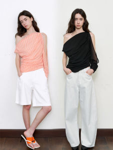 RoseFossil Plaid Chiffon Asymmetrical Hem One Shoulder Sleeveless Irregular Pleated Stackable Feel Top Original Design Slim Fit Long Sleeve