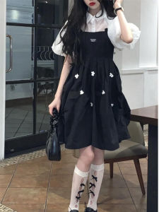Summer Design Sensation French Style Black Strap Dress Womens Floral Print A-Line Skirt Sweet College Hepburn Style Little Black Dress