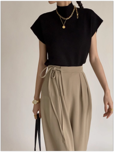 HUOLISI | Black Semi-High Collar Ice Silk Knitted Short Sleeves Female T-Shirt