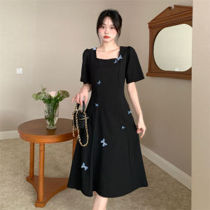 Womens Square Neck Little Black Dress | Hepburn Style Slim-Fit Midi Gown