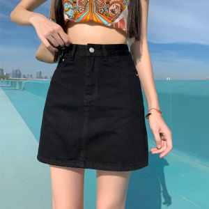 High Waist A-Line Mini Skirt Womens Denim Half Body Black Slimming Short Skirt Korean Style Commute Pure Color Summer 2023