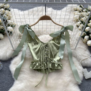 French V-Neck Butterfly Knot Tank Top for Women Summer Crossbody Drawstring Short Length Exposure Belly Satin French Retro Shirt