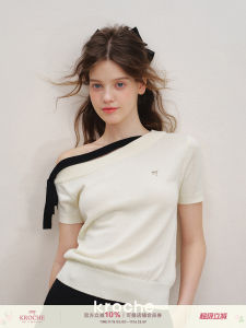 Kroche 25ss Balletcore Mixed Wool Blend Short Sleeve Knitted Top Shoulder Bared Knot Design Regular Fit Vintage Style Commute Wear