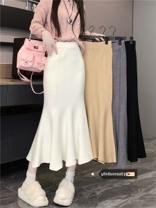 กระโปรงยาวทรงเอเข้ารูป ผ้าถัก แฟชั่นฤดูใบไม้ผลิ 2025 สไตล์เกาหลี กระโปรงทรงหางปลาเรียบง่าย เหมาะกับผู้หญิงไซส์ใหญ่