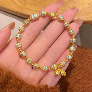 Fugong Series New Chinese Ethnic Style Ancient Method Copper Golden Elastic Beaded Bracelet Two Worlds Happiness Lotus Seed Bracelet for Women